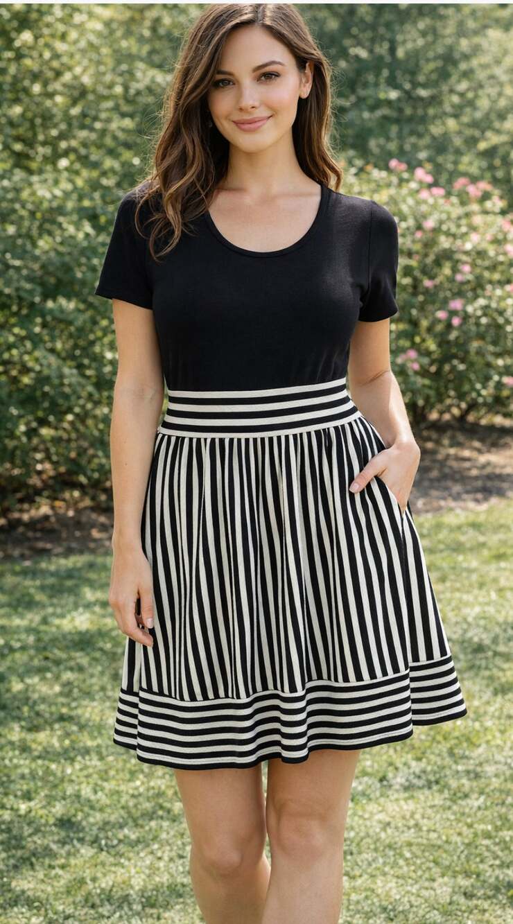 Gilli Black White Striped Fit & Flare Dress Scoop Neck Small